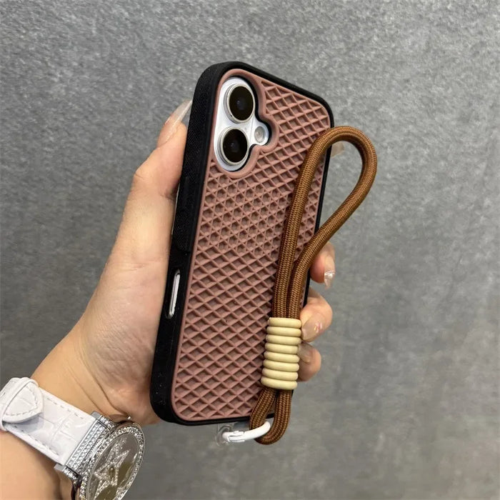 Waffle Sole Silicone Case for iPhone 11-17 with Wrist Strap Lanyard, Matte Shockproof Cover