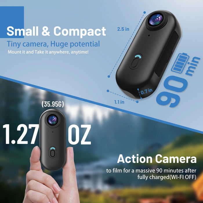 4K Mini WIFI Action Camera – 128GB Thumb-Sized POV Portable Video Recorder, IPX7 Waterproof, Helmet Mount, Vlogging Camcorder (Black)