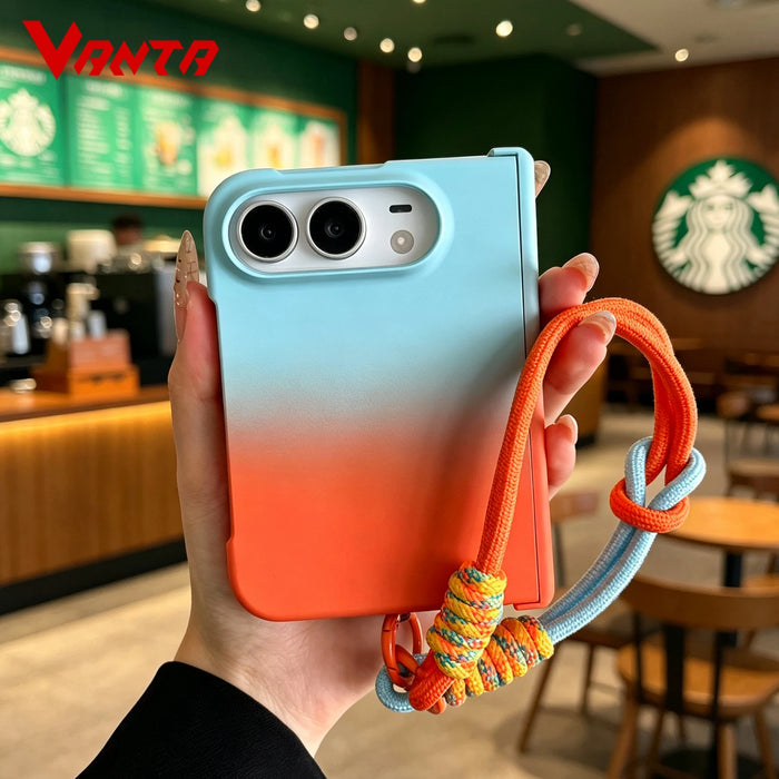 Luxury Gradient Hinge Protection Case for iPhone Duo with Wrist Strap Lanyard