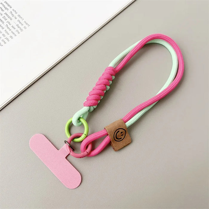 Short Phone Wrist Lanyard with Contrast Weave & Smiley Detail