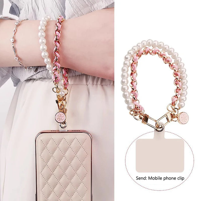Pearl Wrist Phone Lanyard with Hand-Woven Leather & Floral Accent
