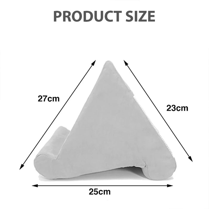 Multifunctional pillow-type tablet and phone holder, suitable for iPad and other devices, made from sponge material for added comfort.