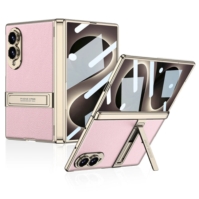Luxury Leather MagSafe Case for Samsung Galaxy Z Fold 8 — Metal Kickstand, Built-In Glass Film Protection