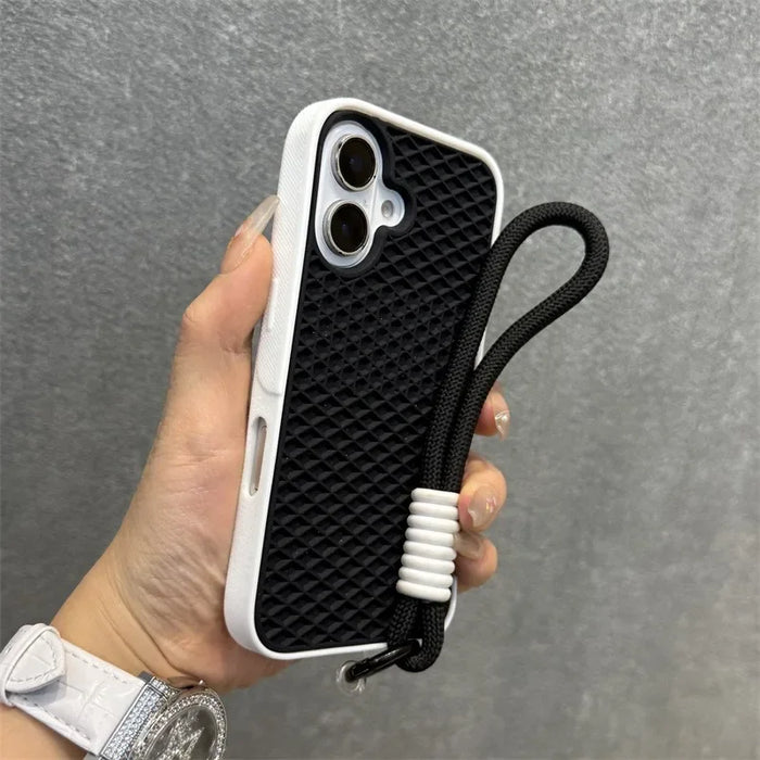 Waffle Sole Silicone Case for iPhone 11-17 with Wrist Strap Lanyard, Matte Shockproof Cover