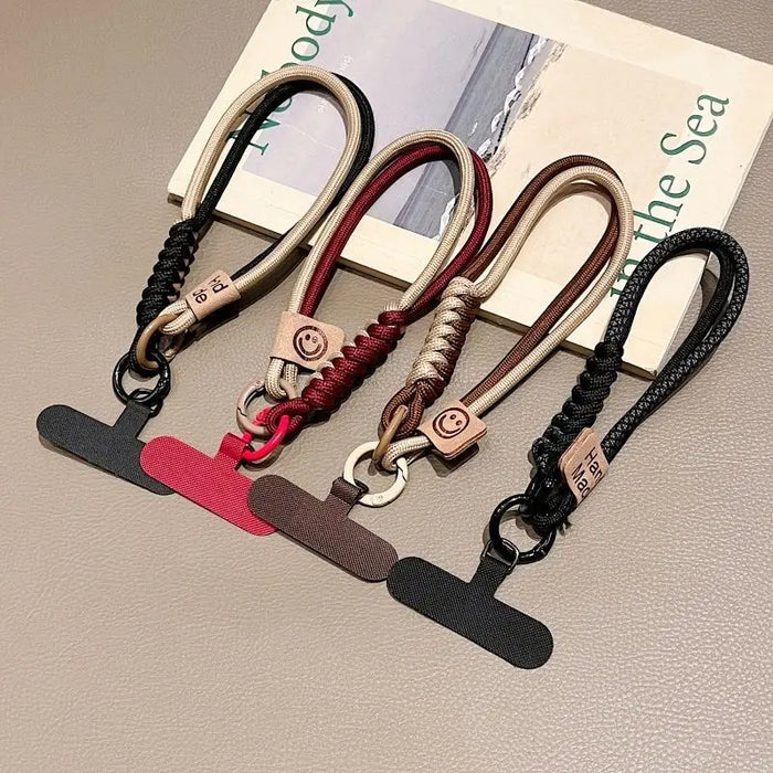 Short Phone Wrist Lanyard with Contrast Weave & Smiley Detail