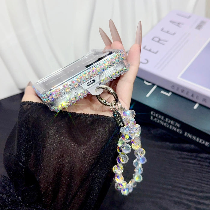 Luxury Diamond Bling Case for Samsung Galaxy Z Flip 3-8 with Pearl Chain and Shockproof Hard Cover