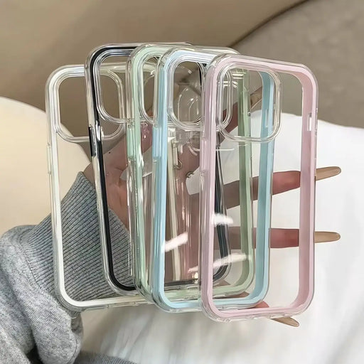 Luxury Candy-Color Frame Clear Back iPhone Case – Acrylic Shockproof Bumper Cover (iPhone 11–17 Pro Max & Plus)