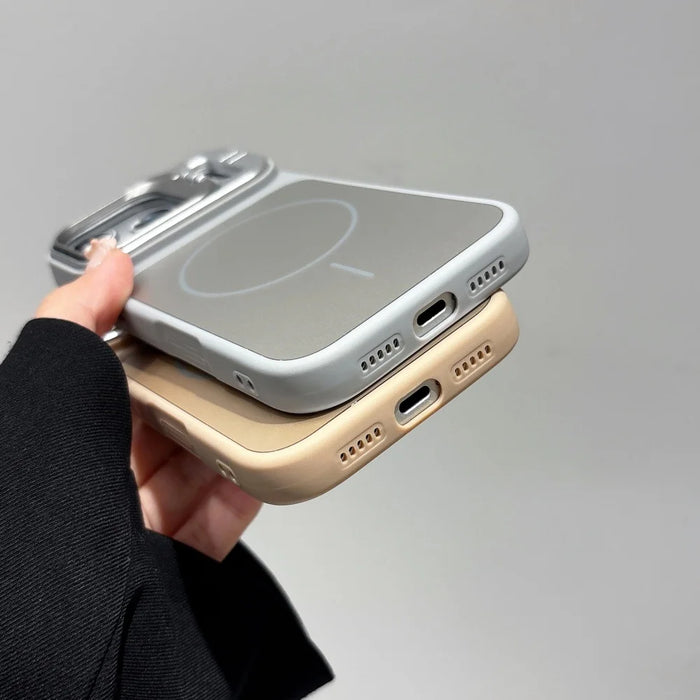 Alloy Lens Camera Holder Case for iPhone 11-18 Pro Max with MagSafe Stand and Hard PC Shockproof Cover