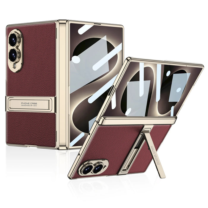 Luxury Leather MagSafe Case for Samsung Galaxy Z Fold 8 — Metal Kickstand, Built-In Glass Film Protection