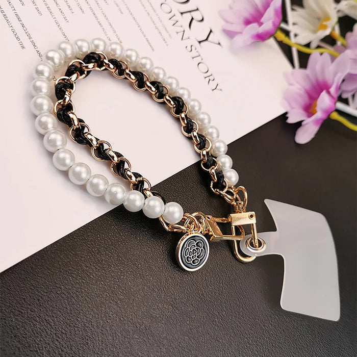 Pearl Wrist Phone Lanyard with Hand-Woven Leather & Floral Accent