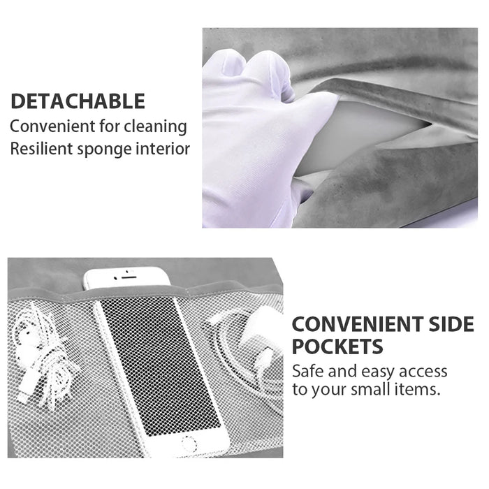 Multifunctional pillow-type tablet and phone holder, suitable for iPad and other devices, made from sponge material for added comfort.