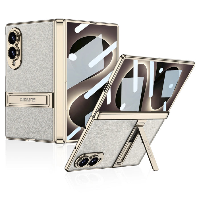 Luxury Leather MagSafe Case for Samsung Galaxy Z Fold 8 — Metal Kickstand, Built-In Glass Film Protection