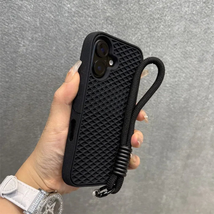 Waffle Sole Silicone Case for iPhone 11-17 with Wrist Strap Lanyard, Matte Shockproof Cover