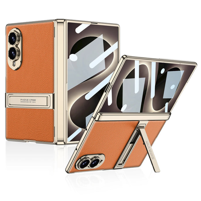 Luxury Leather MagSafe Case for Samsung Galaxy Z Fold 8 — Metal Kickstand, Built-In Glass Film Protection