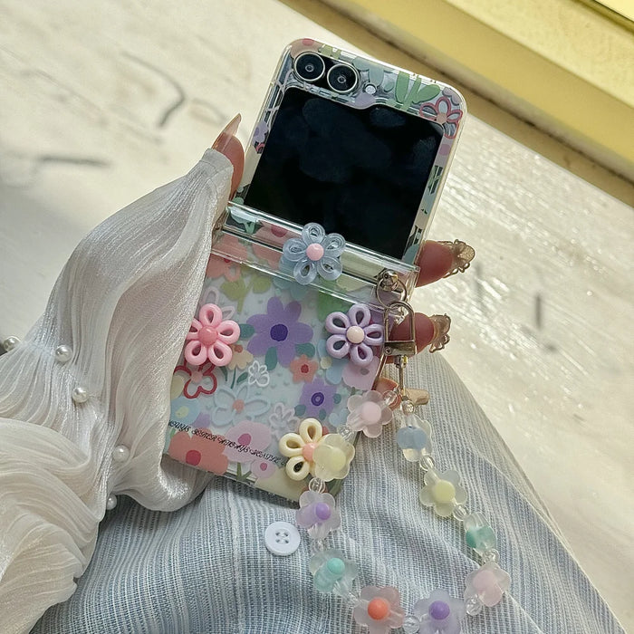 3D Flower Hinge Protection Case for Samsung Galaxy Z Flip 7 — Wrist Chain, Shockproof 2-in-1 Cover (Fits Z Flip 3–7, FE)