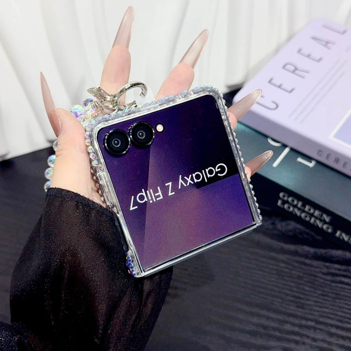 Luxury Diamond Bling Case for Samsung Galaxy Z Flip 3-8 with Pearl Chain and Shockproof Hard Cover