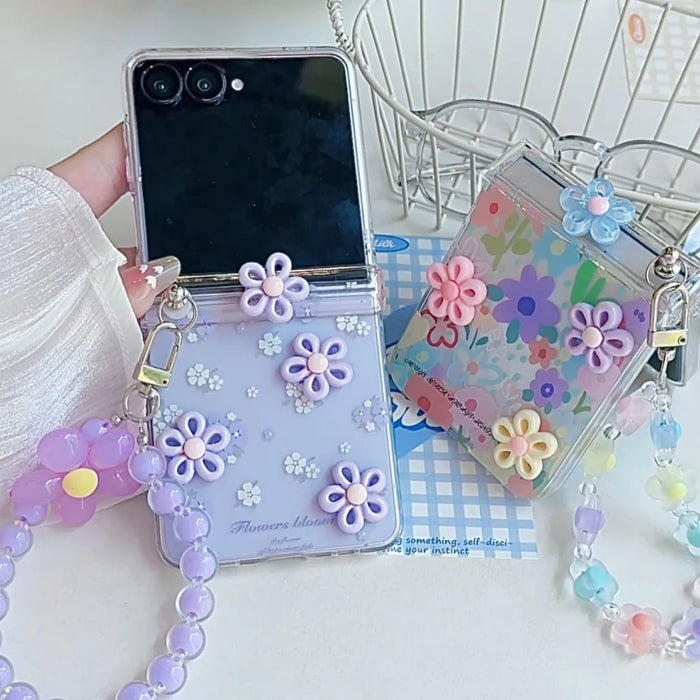 3D Flower Hinge Protection Case for Samsung Galaxy Z Flip 7 — Wrist Chain, Shockproof 2-in-1 Cover (Fits Z Flip 3–7, FE)