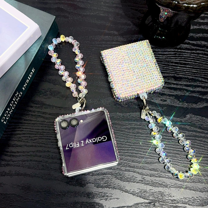 Luxury Diamond Bling Case for Samsung Galaxy Z Flip 3-8 with Pearl Chain and Shockproof Hard Cover