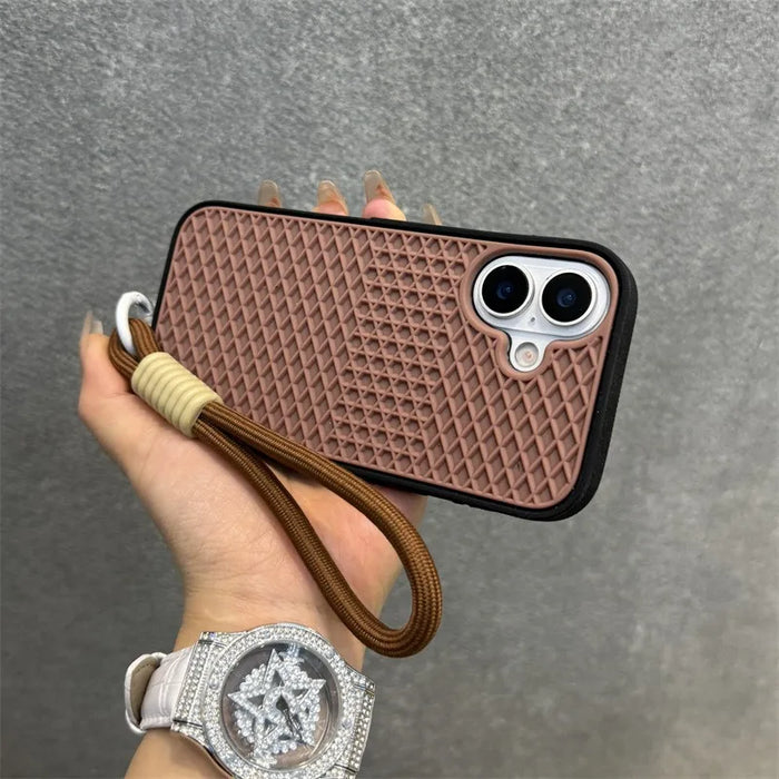 Waffle Sole Silicone Case for iPhone 11-17 with Wrist Strap Lanyard, Matte Shockproof Cover
