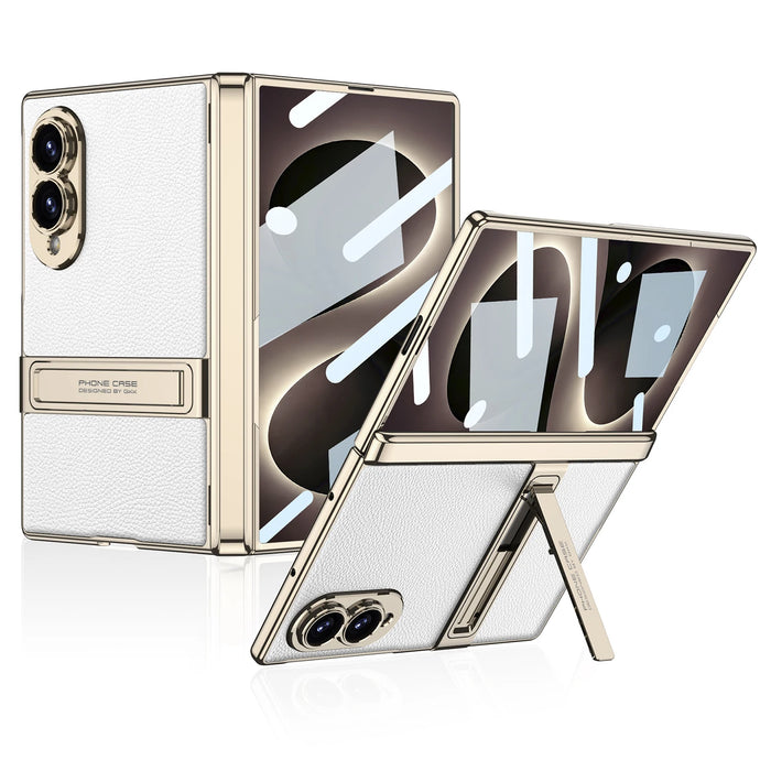 Luxury Leather MagSafe Case for Samsung Galaxy Z Fold 8 — Metal Kickstand, Built-In Glass Film Protection