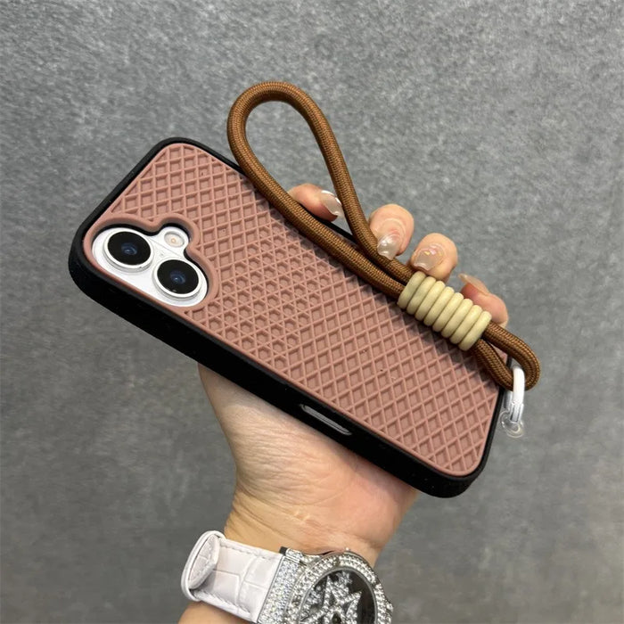 Waffle Sole Silicone Case for iPhone 11-17 with Wrist Strap Lanyard, Matte Shockproof Cover