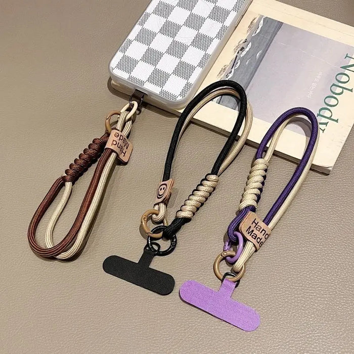 Short Phone Wrist Lanyard with Contrast Weave & Smiley Detail