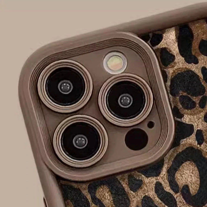 Winter Leopard Print Phone Case with Short Nylon Chain – Stylish & Protective for iPhone 16-11 Series