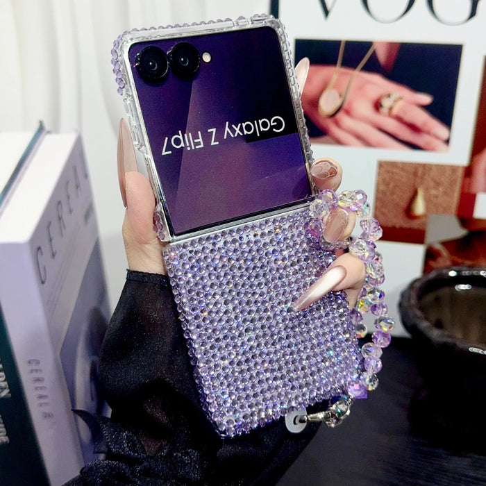 Luxury Diamond Bling Case for Samsung Galaxy Z Flip 3-8 with Pearl Chain and Shockproof Hard Cover