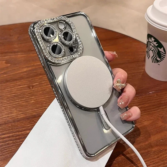 Clear Magnetic Case with Diamond Detail for iPhone 12–17 Pro Max & Plus