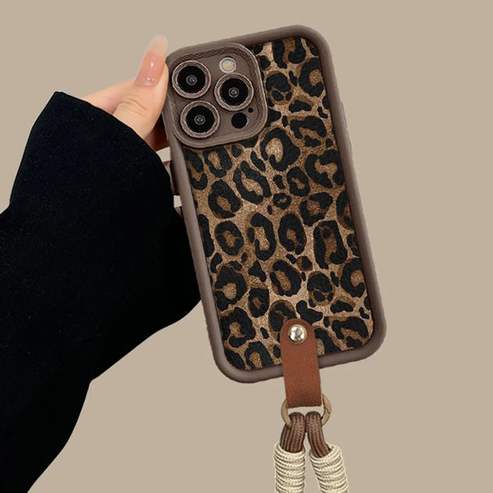 Winter Leopard Print Phone Case with Short Nylon Chain – Stylish & Protective for iPhone 16-11 Series