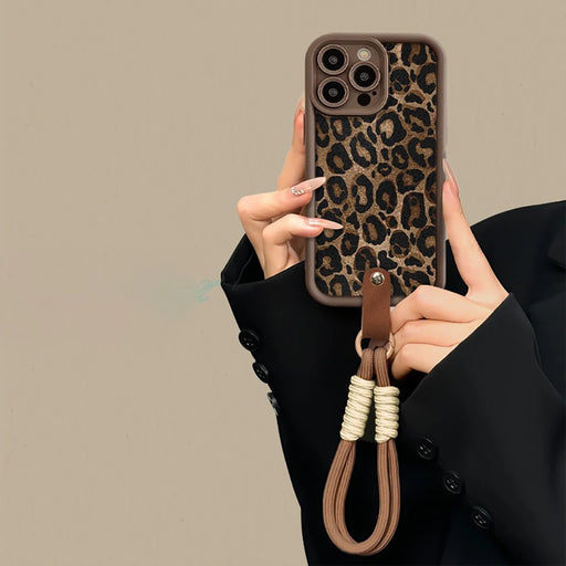 Winter Leopard Print Phone Case with Short Nylon Chain – Stylish & Protective for iPhone 16-11 Series