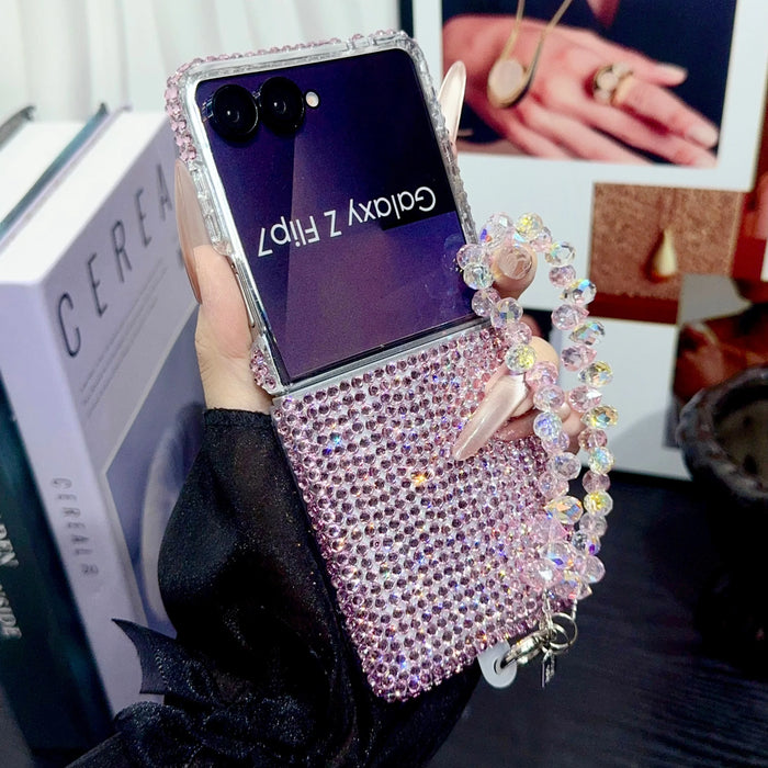 Luxury Diamond Bling Case for Samsung Galaxy Z Flip 3-8 with Pearl Chain and Shockproof Hard Cover