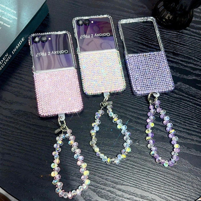 Luxury Diamond Bling Case for Samsung Galaxy Z Flip 3-8 with Pearl Chain and Shockproof Hard Cover