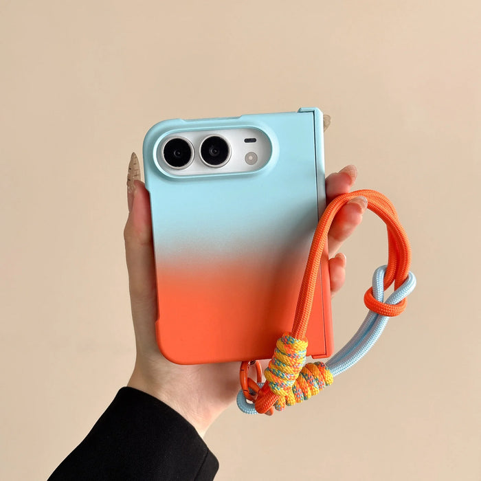 Luxury Gradient Hinge Protection Case for iPhone Duo with Wrist Strap Lanyard