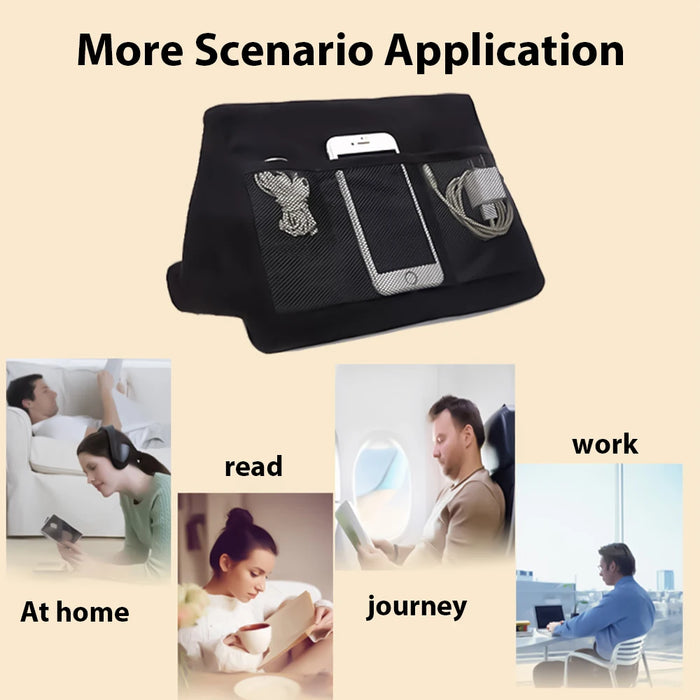 Multifunctional pillow-type tablet and phone holder, suitable for iPad and other devices, made from sponge material for added comfort.