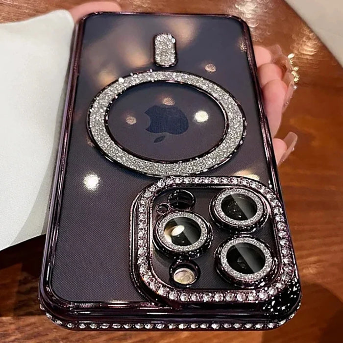 Clear Magnetic Case with Diamond Detail for iPhone 12–17 Pro Max & Plus