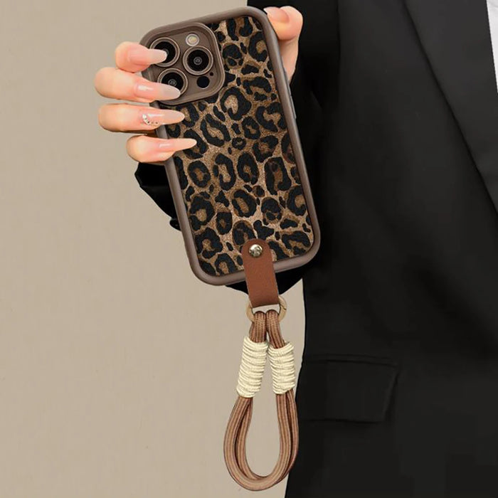 Winter Leopard Print Phone Case with Short Nylon Chain – Stylish & Protective for iPhone 16-11 Series