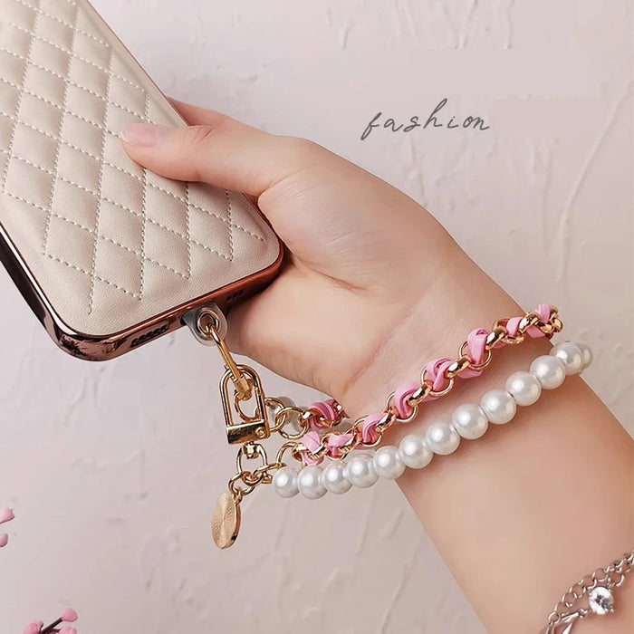 Pearl Wrist Phone Lanyard with Hand-Woven Leather & Floral Accent