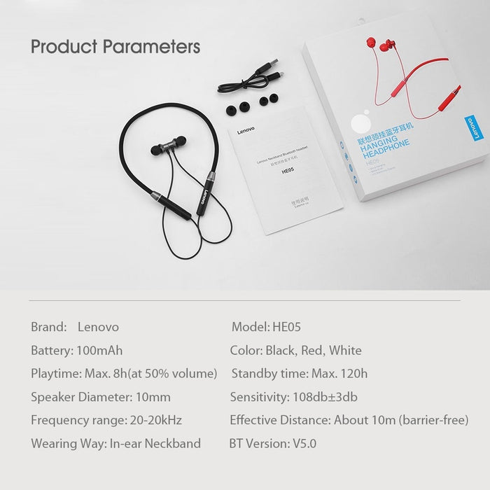 Lenovo HE05 Wireless Magnetic Waterproof Sport Headset with Mic Noise Cancelling