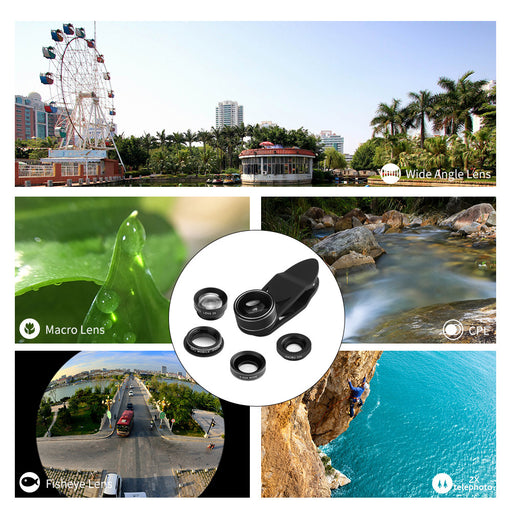 5 in 1 Clip-on Phone Camera Lens Wide Angle+198 Fisheye+ 15X Macro + CPL +2X Telephoto Lens