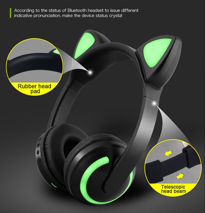 Cat Ear Bluetooth Headphones Flashing Ears 7 Colors LED light For Women and Kids