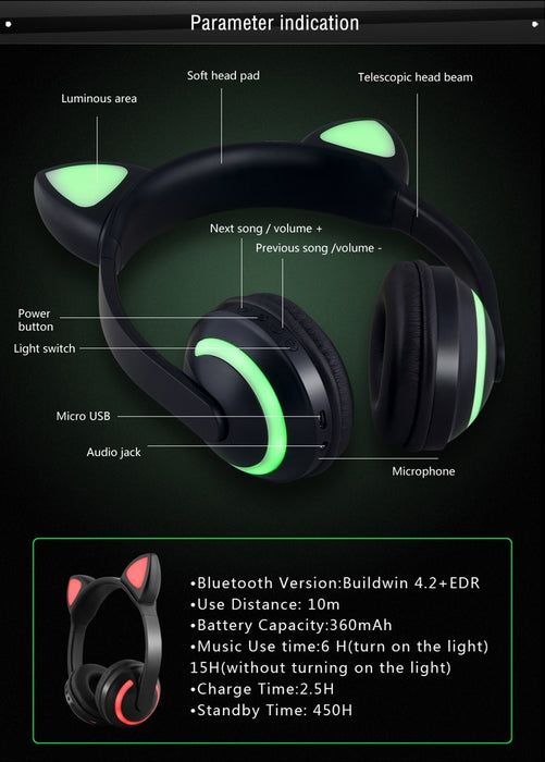 Cat Ear Bluetooth Headphones Flashing Ears 7 Colors LED light For Women and Kids