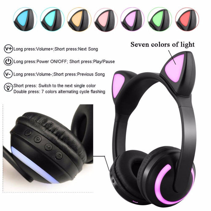 Cat Ear Bluetooth Headphones Flashing Ears 7 Colors LED light For Women and Kids